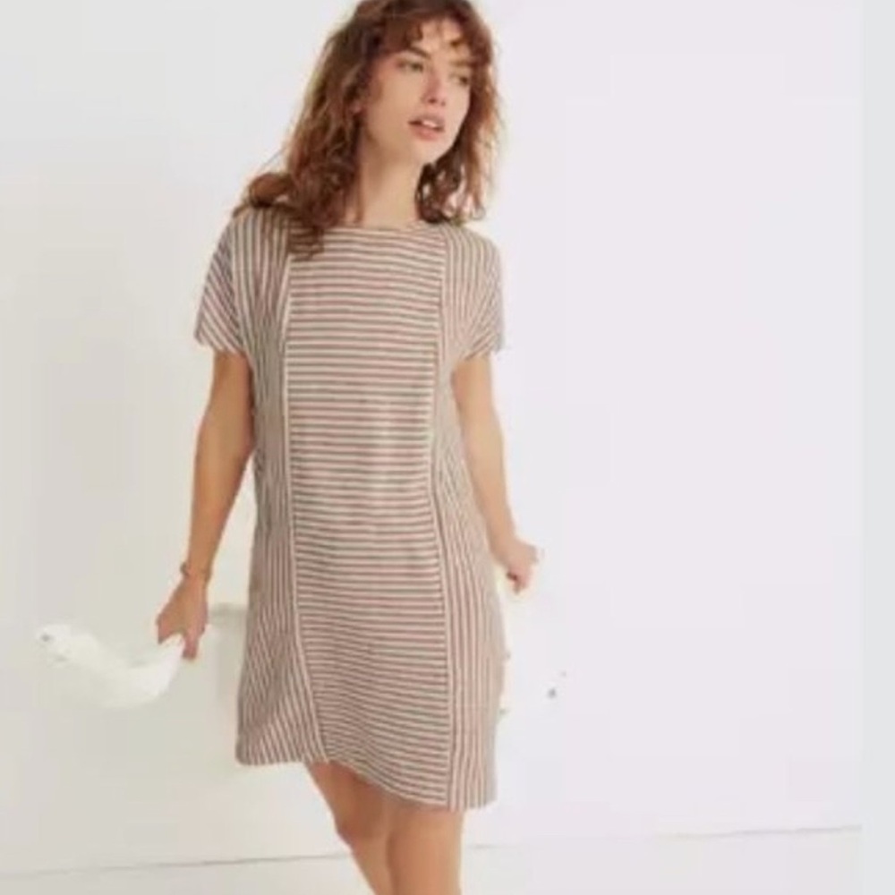 Madewell Stripe Play Button Back Tee Dress Linen Blend Mini Dress Size XS